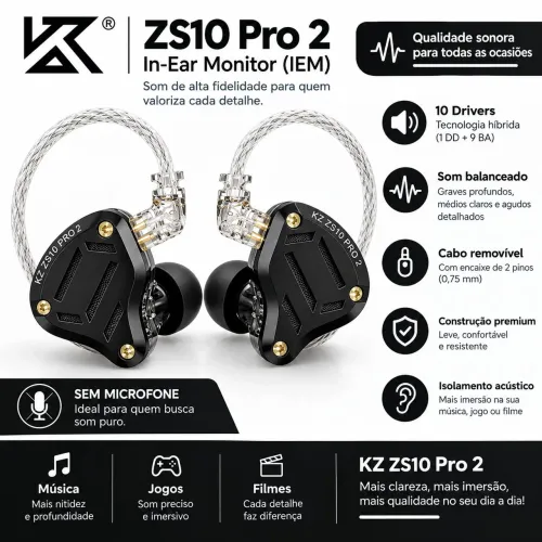 Fone KZ ZS10 Pro 2 - In-Ear Profissional | Sem Microfone