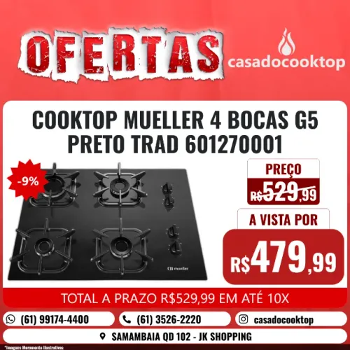 COOKTOP MUELLER 4 BOCAS G5 PRETO TRAD 601270001