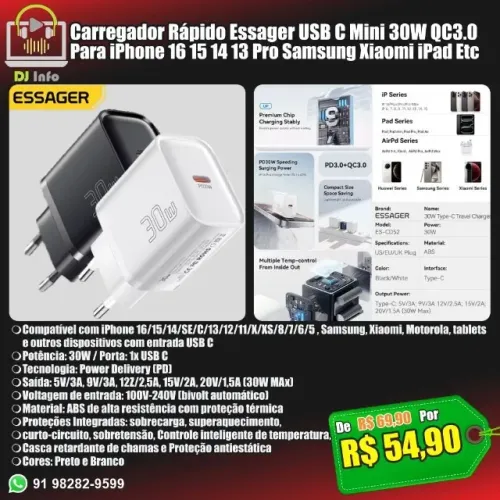 Carregador Rápido Essager USB C Mini 30W QC3.0 Para iPhone Samsung Xiaomi iPad Etc