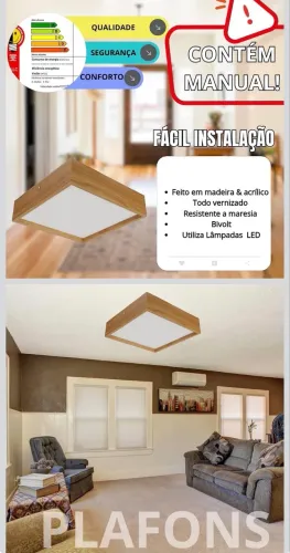 Luminária de Madeira Plafon Teto Quadrado Sobrepor 20cm Freijó Acrílico Branco Leitoso