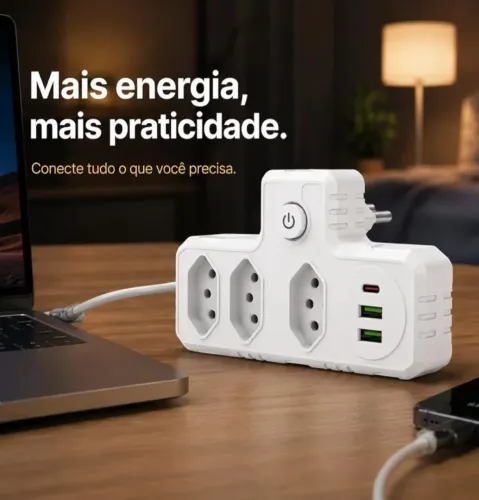 Extensão eletrica Coibeu tipo T , 3 Tomadas, 2 Interfaces USB, 1 Porta Tipo-C