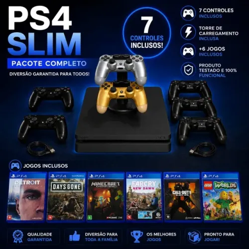 S4 Slim 500GB + 7 Controles + Torre de Carregamento + 6 Jogos
