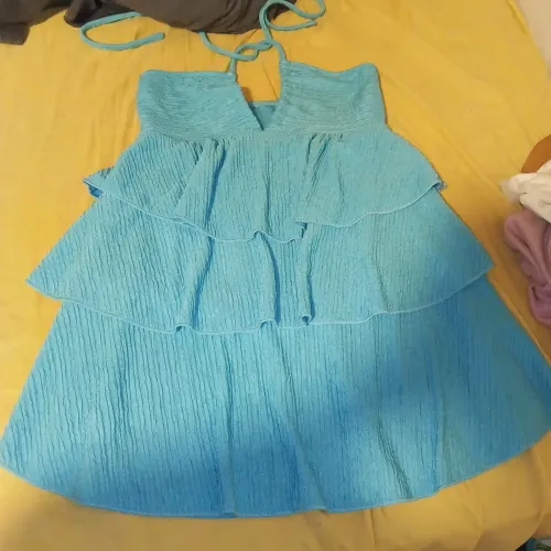 Vestido Curto SHEIN Azul Turquesa com Babados - Tam P