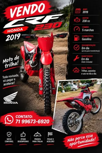 VENDO CRF 230 2019<br><br>Moto de trilha, toda revisada, só pegar e acelerar!