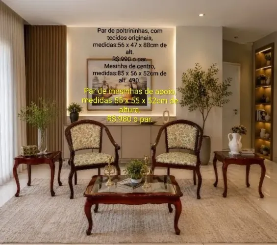 Conjunto de poltronas e  mesinhas, valores lerd descrição na foto 