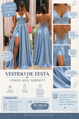 Vestido de Festa Longo Azul Serenity M Acetinado com Fenda e Costas Trançadas