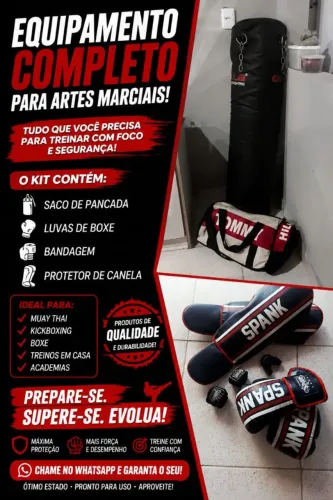 Kit Completo de Boxe e Muay Thai - Saco + Luvas + Bandagem + Caneleira.