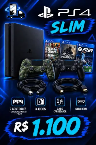 Playstation 4 Slim - 2 Manetes + Cabos - Loja Até 12x