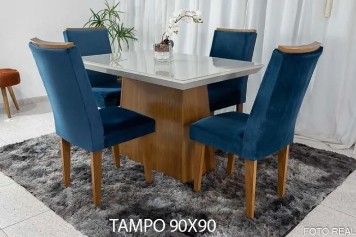 Mesa Jantar Luna Imbuia 90×90 4 Cdrs Lunara Veludo Azul Rufato Até 12x - Frete Grátis