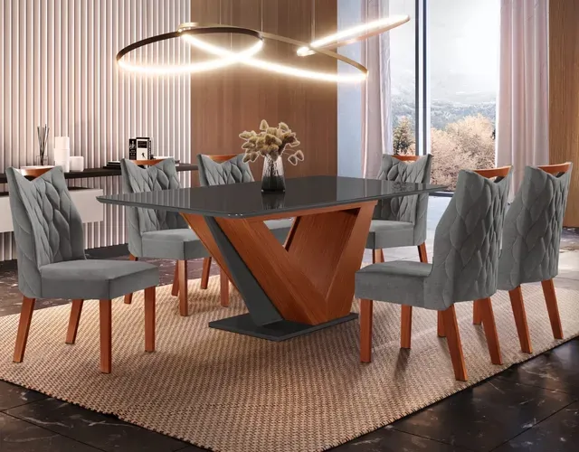 Mesa 6 Cadeiras Apollo Castanho Premium/Chumbo ftt4