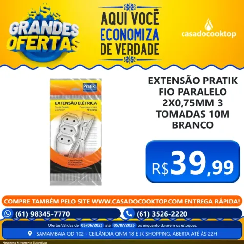 Extensão Pratik Fio Paralelo 2x0,75mm 3 Tomadas 10m Branco