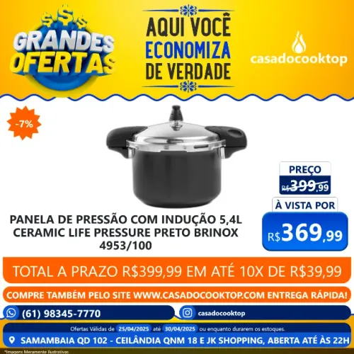 PANELA DE PRESSÃO COM INDUÇÃO 5,4L CERAMIC LIFE PRESSURE PRETO BRINOX