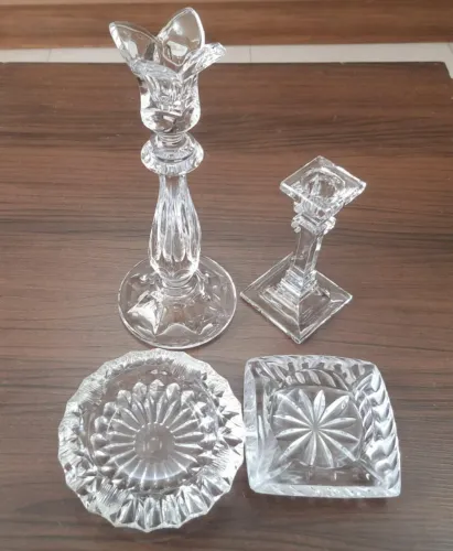 Conjunto de Cristal Lapidado com Castiçais e Cinzeiros