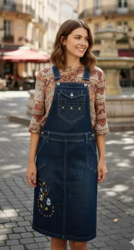 Vestido jardineira Jeans com Detalhes bordado Tam 40 justo 