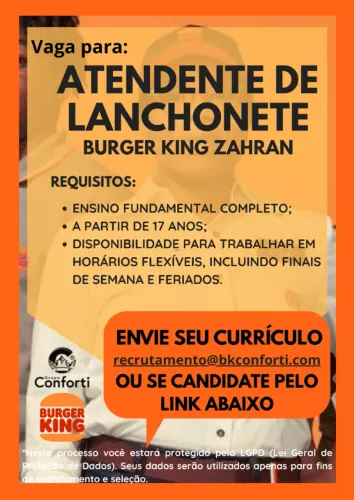 Vaga Atendente de Lanchonete - Burger King Av. Zahran