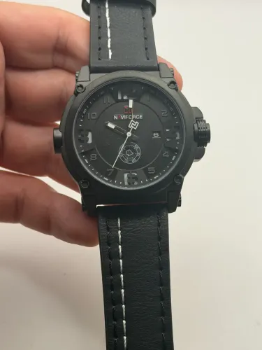 Relógio Naviforce Original Preto 46mm Pulseira Couro Preto Militar Completo