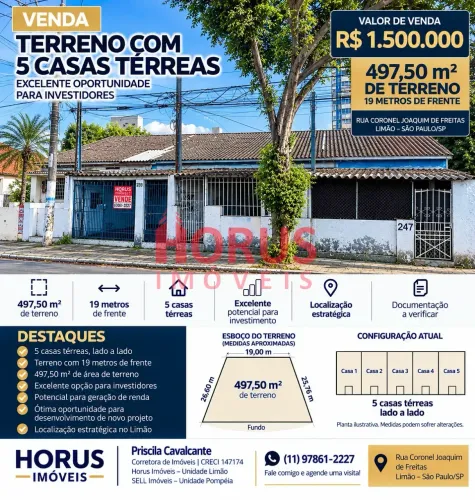 Oportunidade de Investimento 5 Casas Térreas em Terreno de 497,50 m² 19x26,60 I Na Melhor