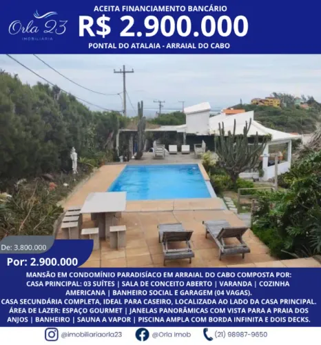 ARRAIAL DO CABO, ORLA 23 IMOBILIÁRIA VENDE! Mansão em Condomínio no Pontal do Atalaia