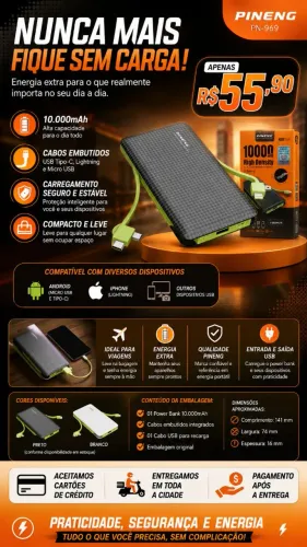CARREGADOR POWER BANK PINENG 10.000mAh COM CABOS EMBUTIDOS