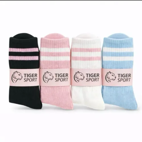 Kit 4 Pares Meias Femininas Cano Alto Listradas Coloridas Algodão Tiger Sport