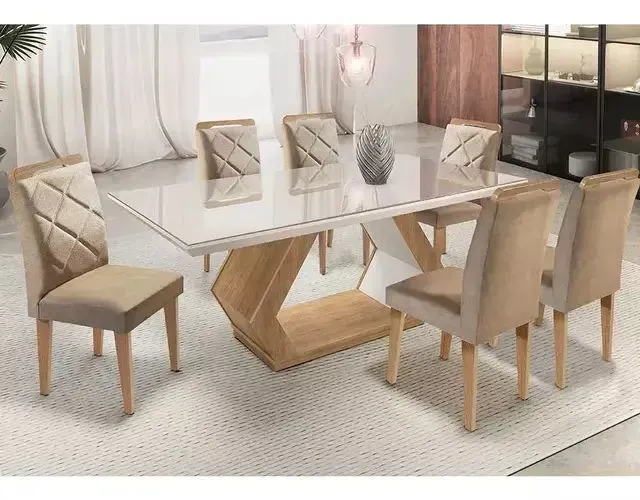 Mesa Alvorada 180 Tp Mdf Vidro Canto Reto 6 Cadeiras Rufato E Imbuia E Off Serig Off