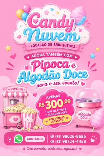 Pipoca e algodão doce para o seu evento