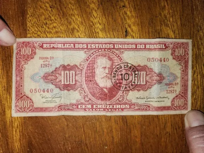 Nota de 100 Cruzeiros com carimbo de 10 Centavos - 2º Estampa, Série 1287, MBC