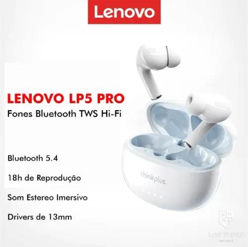 Fone Bluetooth Lenovo LP5 Pro Branco Som Hi-Fi Touch Bluetooth 5.4 Original com Garantia