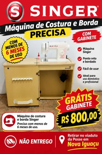 Máquina de costura e borda Singer precisa com gabinete Singer usou menos de 6 meses