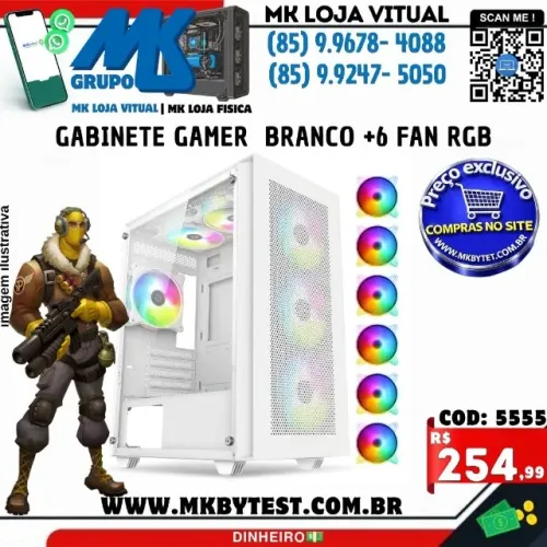 GABINETE GAMER MK (SKGCSHIV-W) BRANCO + 6 fan rgb