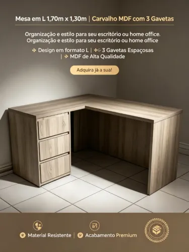 Mesa em L com 3 Gavetas Carvalho MDF 1,70m x 1.30