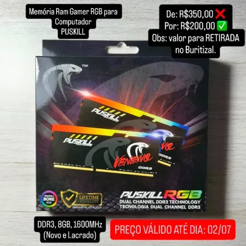 Memória Ram Gamer RGB p/ PC PUSKILL, 8GB, DDR3, 1600Mhz (Novo e Lacrado) PROMOÇÃO