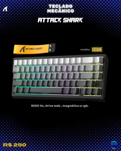 Teclado attack shark X68 HE [lacrado] / 8000hz / RGB / magnético / com web driver