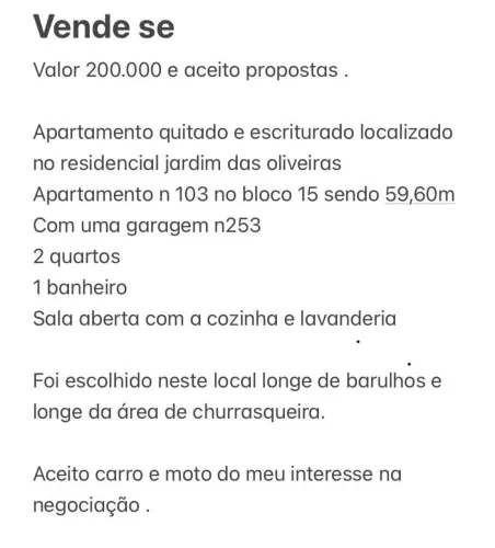 Imóvel apartamento n°103 localizado no bloco 15 condomínio residencial Jardim das oliveira