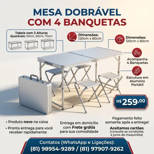 Mesa Dobrável 120x60 Camping Praia Com 4 Bancos Portátil