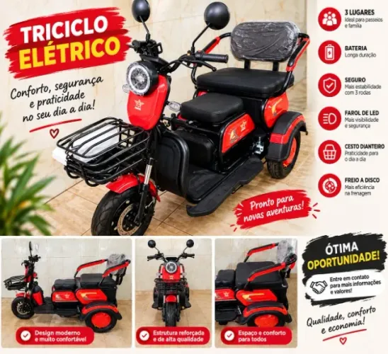 TRICICLO ADULTO ELÉTRICO 3 LUGARES - NOVO E COMPLETO