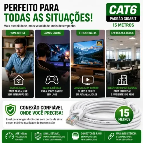 Cabo de Rede CAT6 15 Metros Gigabit RJ45 Crimpado Pronto Uso - Internet Modem PC