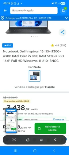 NOTEBOOK DELL INSPIRON INTEL CORE I5 8GB RAM E 512GB SSD 2800,00