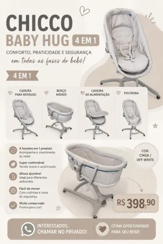 Chicco Baby Hug 4 em 1 Cinza/Off-White - Berço, Cadeira e Moisés