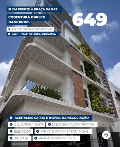 Cobertura Duplex com hidromassagem, solarium, 82m2 e 2 Qtos em frente à Praça da Paz!