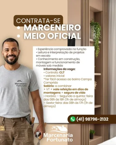 Vaga de emprego para Marceneiro e meio oficial de marcenaria