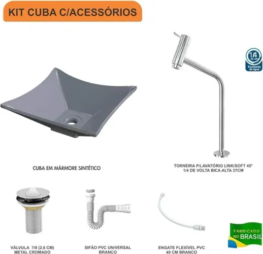 Kit Cuba L30 C/Torneira Link 1062 Metal + Válvula 1'' (2,6cm) + Sifão Pvc + Flexível Cinza