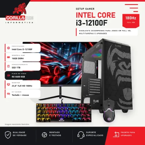 Setup Gamer Completo i3-12100F RX 6600 8GB 16GB SSD 1TB Monitor 23,8 180Hz Teclado Mouse
