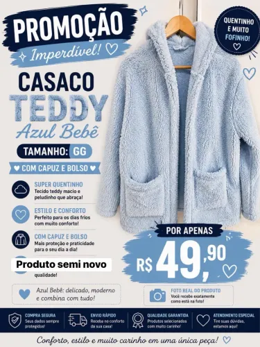 Casaco teddy azul bebê GG serve até TAM 48/50