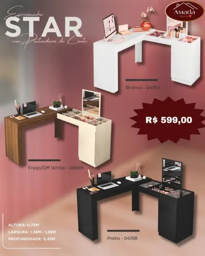 Escrivaninha STAR com penteadeira de canto - à pronta entrega