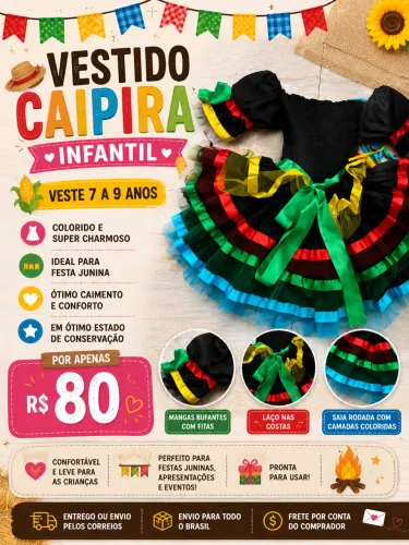 Vestido Caipira Infantil - Festa Junina