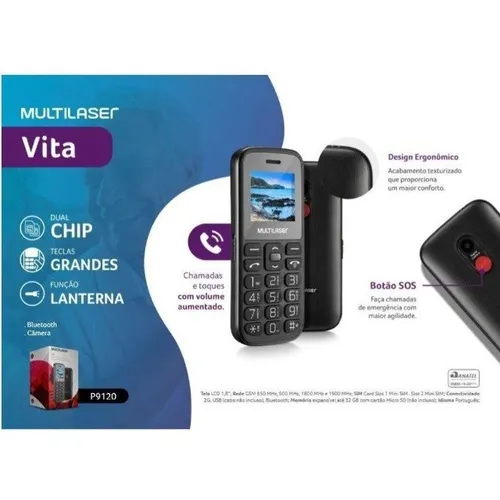 Celular Para Idoso Vita Multilaser p9120 Botão SOS Lanterna Mp3 Radio Fm Câmera