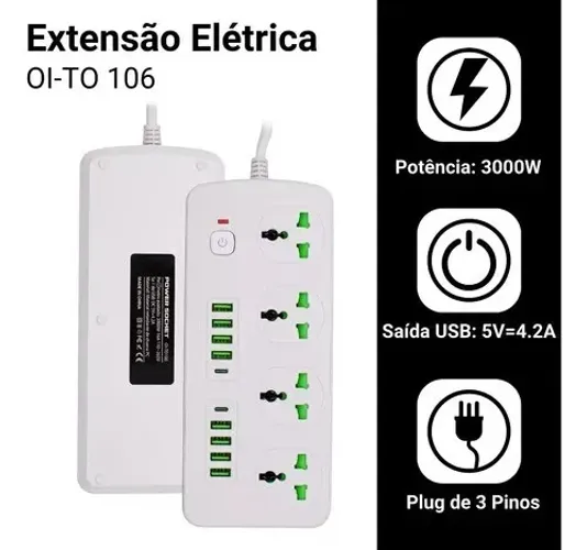 Régua Extensão Elétrica 4 Tomadas 10 Usb Bivolt Oi-to106