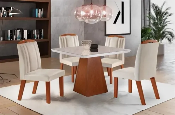 MESA PRADA 90X90 4 CADEIRAS RAVENA CASTANHO VIDRO OFF/WHITE  TECIDO 133 BEGE