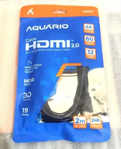 Cabo HDMI 2.0 Aquário - 2 metros - 4K 60Hz / FullHD 240Hz - Conectores Ouro 24K